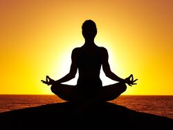 Above is a silhouette posing in the traditional lotus position, a physical position commonly associated with that of meditation.